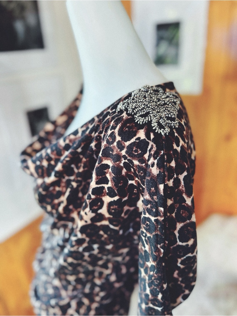 My Michelle Leopard Print Ruched Top Beaded Shoulder Detail Size M EUC